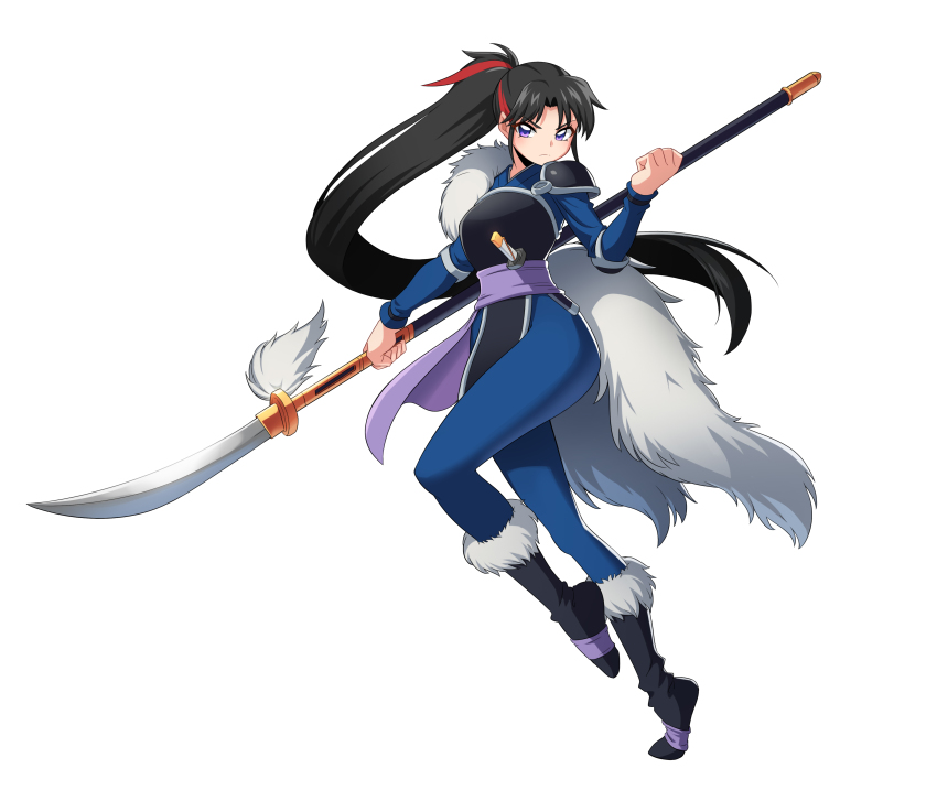 1girl, absurdres, armor, artist_request, black_hair, blue_eyes, han'you_no_yashahime, highres, inuyasha, multicolored_hair, naginata, polearm, red_hair, samurai_sword, setsuna_(inuyasha), tagme, two-tone_hair, weapon, 백일mong