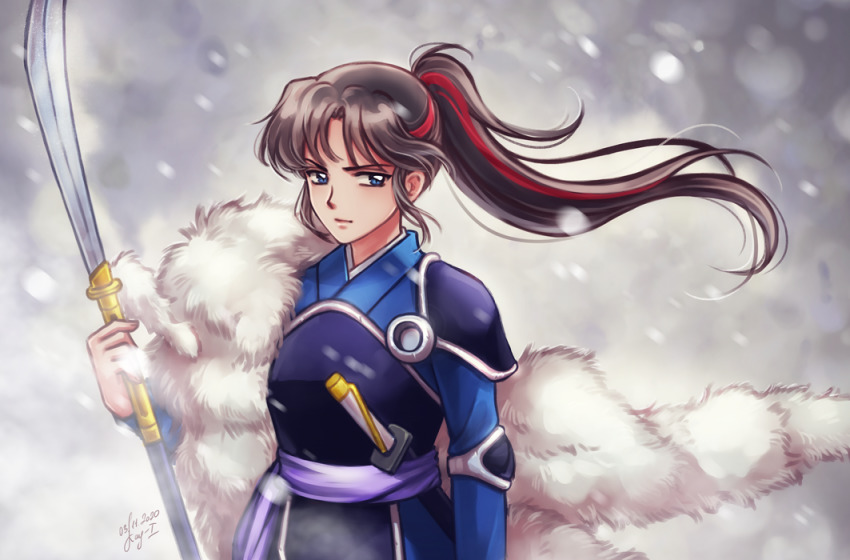 armor, black_and_red_and_purple_hair, blue_eyes, han'you_no_yashahime, inuyasha, kay-i, naginata, polearm