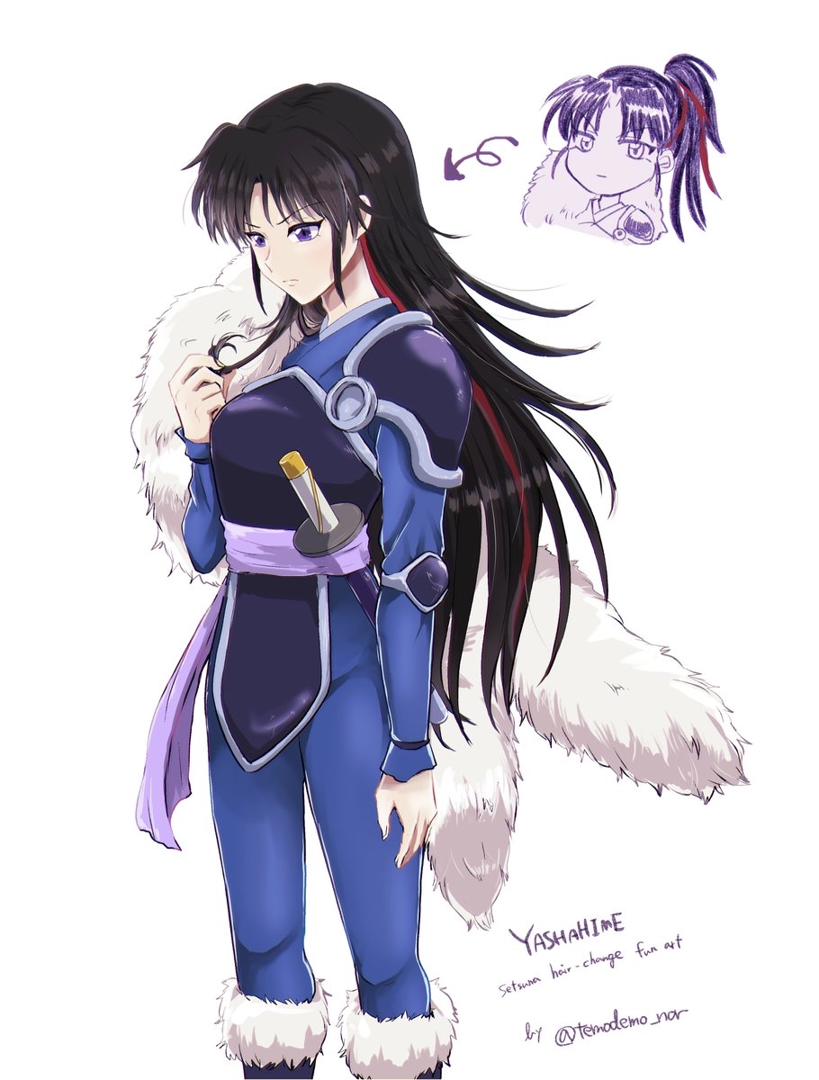 1girl, alternate_hairstyle, armor, artist_request, belt, black_hair, boots, breasts, closed_mouth, copyright_name, determined, english_text, facing_to_the_side, facing_viewer, hair_down, hair_tie, han'you_no_yashahime, hand_up, high_ponytail, highres, holding, holding_own_hair, inuyasha, katana, kuruse, long_hair, long_sleeves, looking_at_viewer, looking_down, multicolored_hair, pants, ponytail, purple_eyes, red_hair, samurai_sword, scabbard, serious, setsuna_(inuyasha), sheath, sheathed, solo, standing, sword, two-tone_hair, weapon, white_background