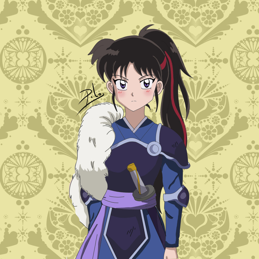 1girl, armor, artist_request, black_hair, blue_eyes, han'you_no_yashahime, highres, inuyasha