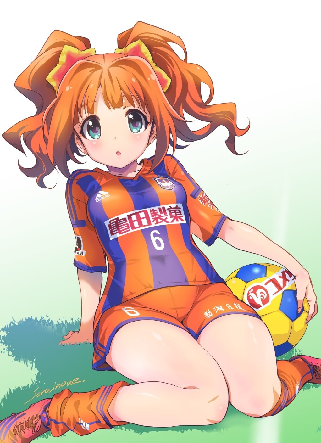 1girl, :o, adidas, albirex_niigata, ball, blue_eyes, cleats, grass, highres, holding, holding_ball, idolmaster, idolmaster_(classic), inoue_sora, j._league, jersey, kneehighs, loose_socks, open_mouth, orange_hair, orange_shoes, orange_shorts, orange_socks, revision, shadow, shirt, shoes, shorts, signature, sitting, soccer_ball, soccer_uniform, socks, solo, sportswear, striped_clothes, striped_shirt, takatsuki_yayoi, twintails, vertical-striped_clothes, vertical-striped_shirt, wariza