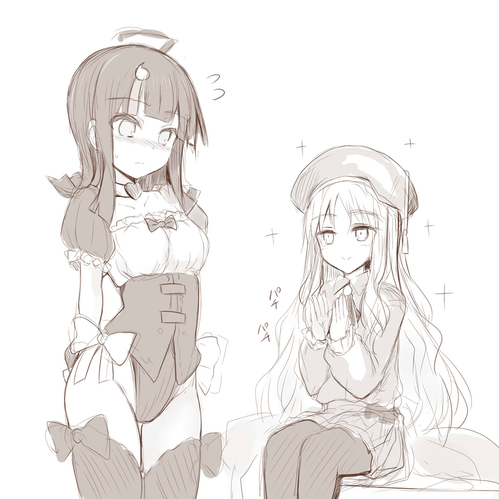 2girls, beret, blush, bow, breasts, brooch, caren_hortensia, caren_hortensia_(amor_caren)_(second_ascension)