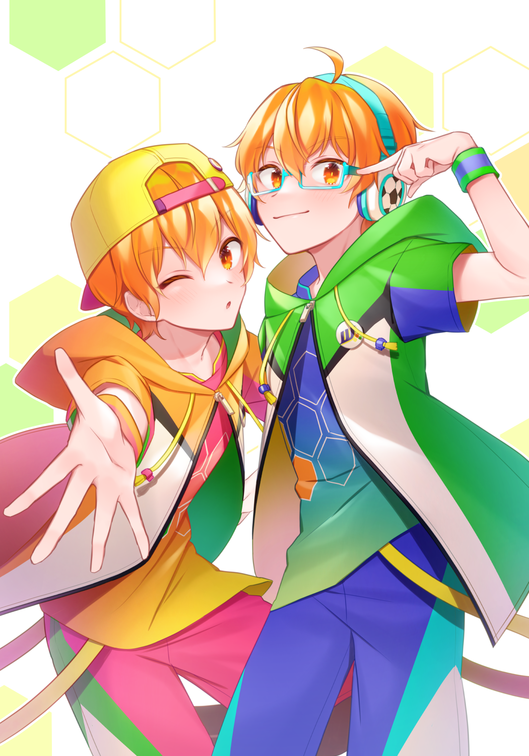 2boys, aoi_kyosuke, aoi_yusuke, backwards_hat, badge, blue-framed_eyewear, blue_pants, brothers