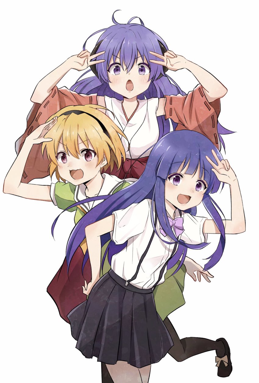 3girls, black_footwear, black_hairband, black_legwear, black_skirt, blonde_hair, blue_hair, blunt_bangs