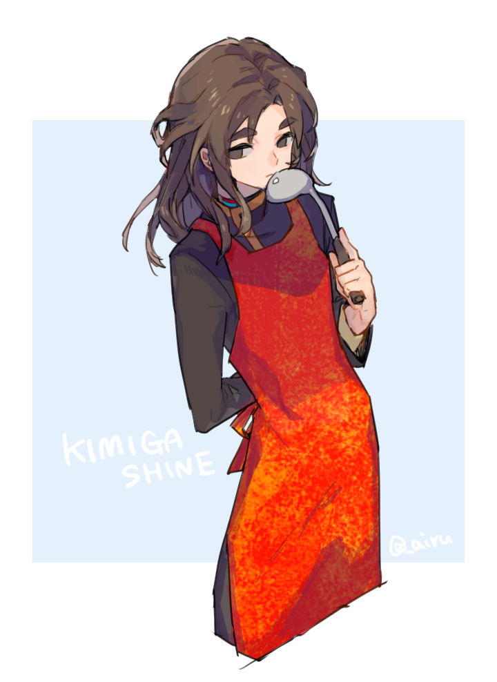 1boy, ambiguous_gender, apron, arm_behind_back, brown_eyes, brown_hair, closed_mouth, collar