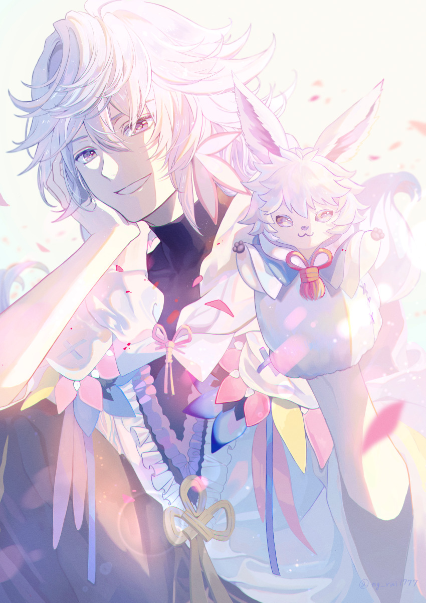 1boy, absurdres, arm_support, black_pants, black_shirt, center_frills, character_doll, commentary_request