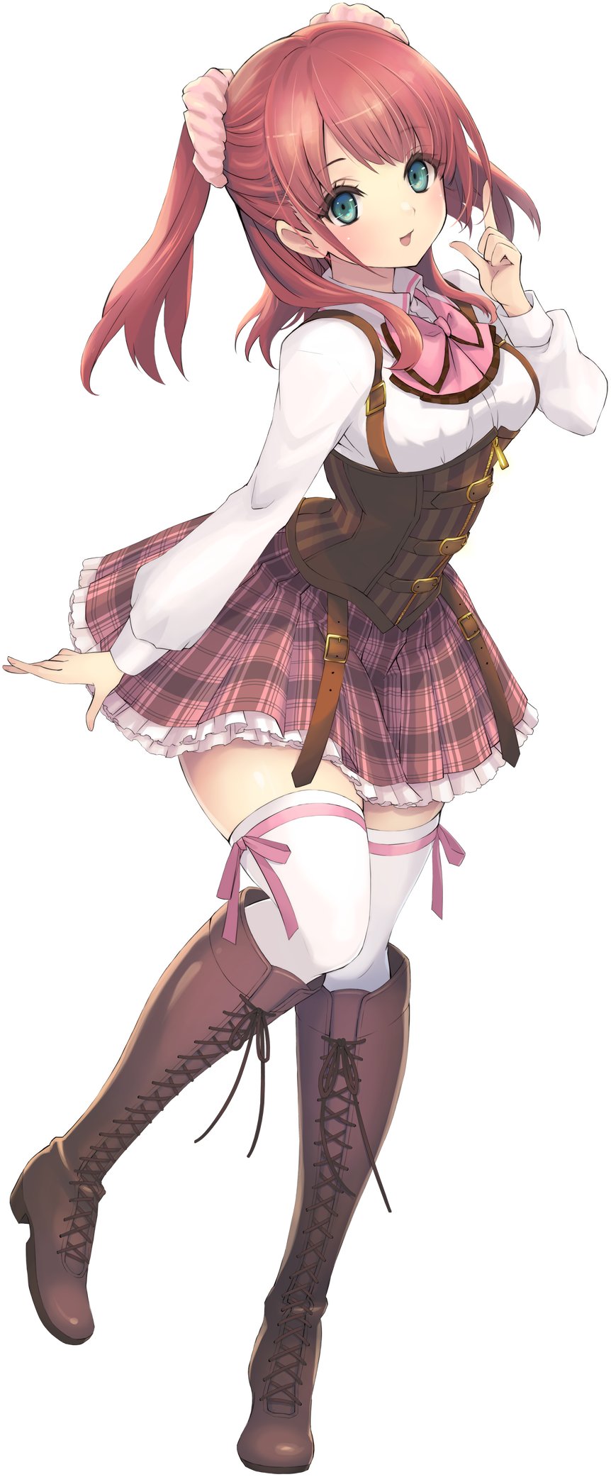 1girl, :d, aqua_eyes, arm_at_side, assault_lily, belt, belt_buckle, boots, bow, bowtie, breasts, brown_belt, brown_boots, buckle, collared_shirt, commentary_request, corset, fingernails, frilled_skirt, frills, full_body, hair_ornament, hair_scrunchie, hanaoka_angela_moe, hand_up, highres, hotaru_(ultraroly_poly), index_finger_raised, knee_boots, lace-up_boots, leg_ribbon, light_blush, long_hair, long_sleeves, looking_at_viewer, ludvico_private_girls'_academy_school_uniform, medium_breasts, miniskirt, multiple_belts, official_art, open_mouth, pink_bow, pink_bowtie, pink_ribbon, pink_scrunchie, pink_skirt, plaid_clothes, plaid_skirt, red_hair, ribbon, school_uniform, scrunchie, shirt, simple_background, skirt, smile, solo, standing, standing_on_one_leg, tachi-e, thighhighs, thighhighs_under_boots, two_side_up, underbust, white_background, white_shirt, white_thighhighs, zettai_ryouiki, zipper_pull_tab