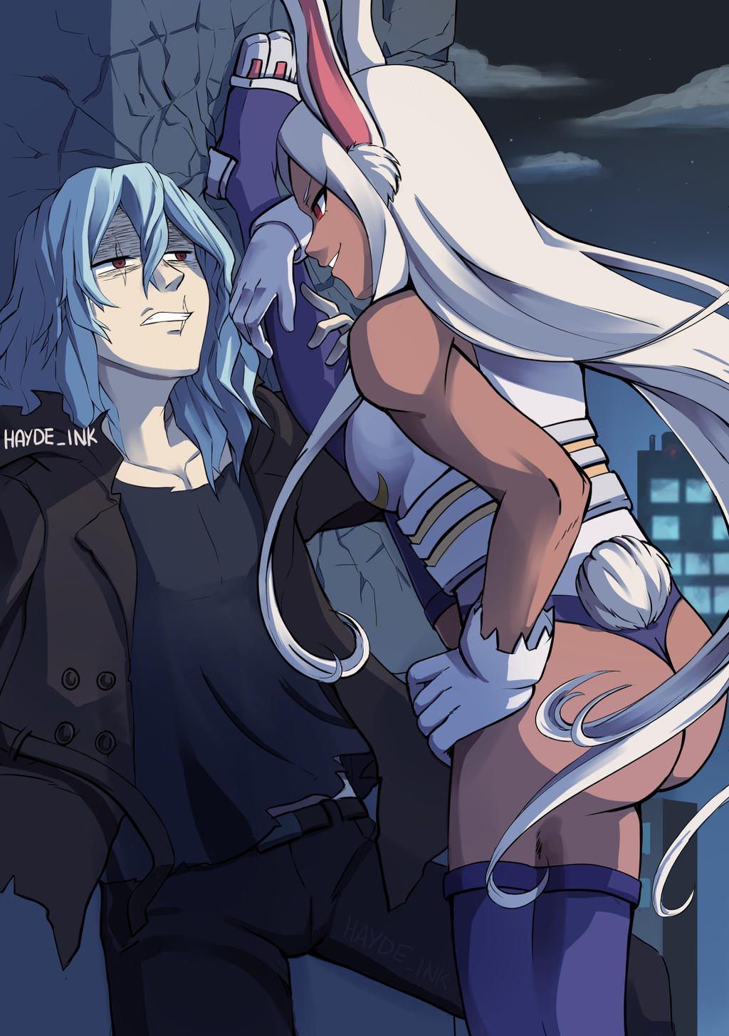 1boy, 1girl, animal_ears, boku_no_hero_academia, dark-skinned_female, dark_skin, foot_kabedon, hayde_ink, highres, kabedon, long_hair, mirko, rabbit_ears, rabbit_tail, shigaraki_tomura, tail