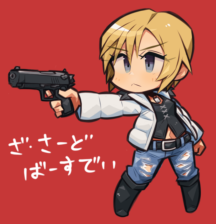 1girl, aya_brea, belt, blonde_hair, blue_eyes, chibi, closed_mouth, denim
