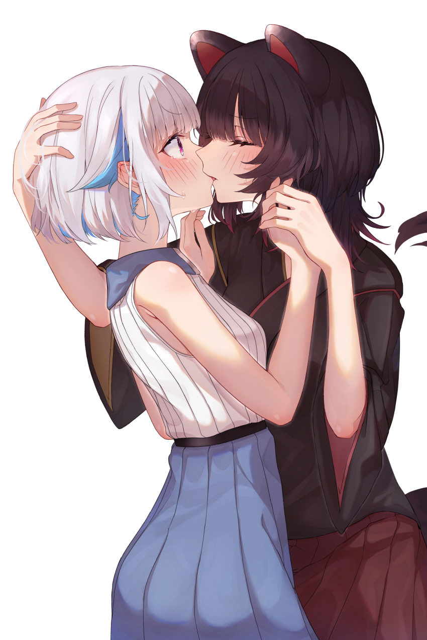 2girls, absurdres, animal_ears, black_kimono, blue_hair, blue_skirt, blush, brown_hair