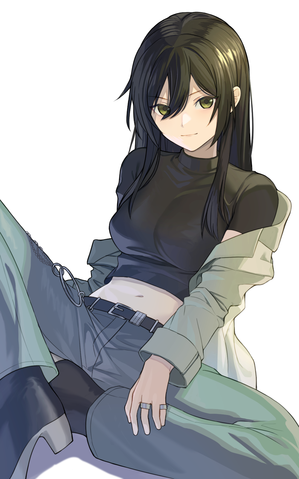 1girl, akimikan_(2.5deciliter), alternate_hairstyle, bell-bottoms, belt, black_belt, black_boots, black_hair
