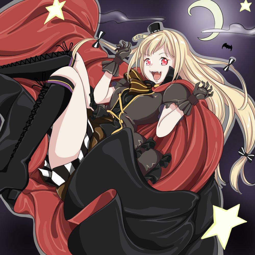 1girl, bat_(animal), black_boots, black_dress, blonde_hair, boots, cape, character_request, crescent_moon, dress, fangs, gloves, hat, knee_boots, kneehighs, lace-up_boots, long_hair, looking_at_viewer, mini_hat, moon, night, open_mouth, red_eyes, short_sleeves, sky, smile, socks, solo, star_(sky), striped_clothes, striped_socks, tsukino_talent_production, tsukiuta, vampire, yozora
