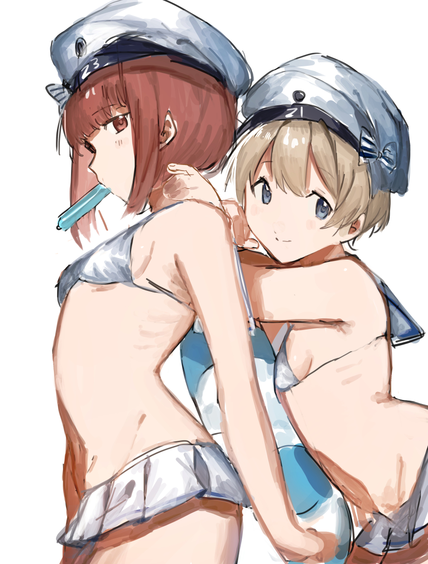 2girls, absurdres, bikini, bikini_skirt, blue_eyes, blunt_bangs, breasts, brown_eyes, brown_hair, clothes_writing, food, hat, highres, innertube, kantai_collection, light_brown_hair, micro_bikini, mouth_hold, multiple_girls, popsicle, sailor_bikini, sailor_collar, shishamo_(domado), short_hair, simple_background, small_breasts, smile, swim_ring, swimsuit, white_background, white_bikini, z1_leberecht_maass_(kancolle), z1_leberecht_maass_(swimsuit)_(kancolle), z3_max_schultz_(kancolle)