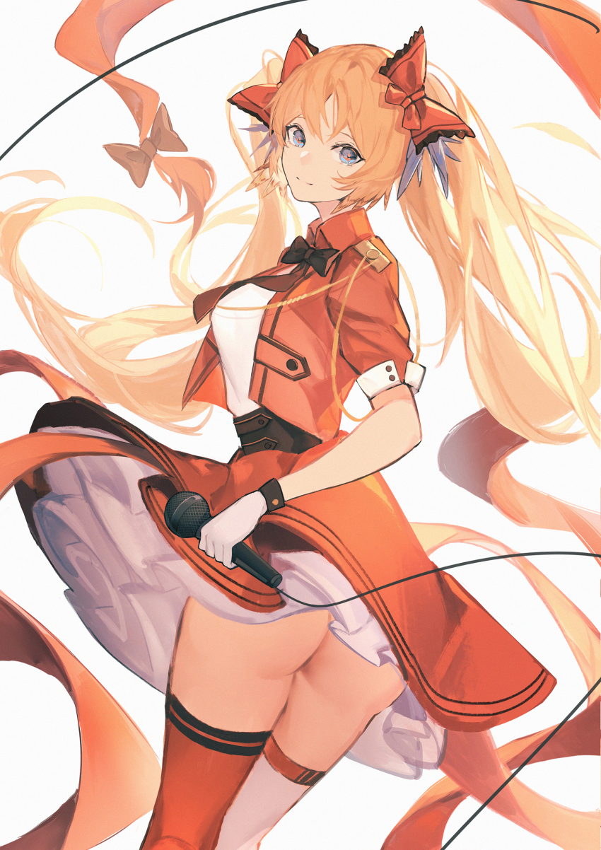 1girl, arknights, ass, asymmetrical_legwear, black_neckwear, blue_eyes, bow, bowtie, collared_jacket, commentary, cowboy_shot, fanshu, from_behind, gloves, hair_bow, highres, jacket, long_hair, looking_at_viewer, looking_back, mismatched_legwear, necktie, no_panties, official_alternate_costume, orange_bow, orange_jacket, orange_thighhighs, pinecone_(arknights), pinecone_(sing_a_song)_(arknights), shirt, solo, untranslatable_commentary, thighhighs, twintails, very_long_hair, white_background, white_gloves, white_shirt, white_thighhighs