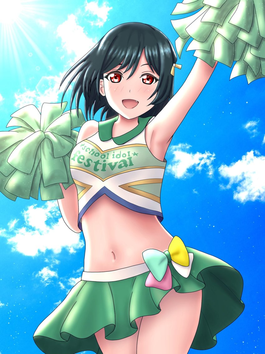 1girl, artist_name, artist_request, bare_legs, bare_shoulders, black_hair, blue_hair, blue_sky, bow, breasts, cheerleader, clothes_writing, cloud, collarbone, dark_blue_hair, dark_green_hair, day, etzalindex, ezzari_(etzalindex), floating_hair, green_pom_poms, green_skirt, hair_between_eyes, hair_bow, hair_ribbon, highres, looking_at_viewer, love_live!, love_live!_nijigasaki_high_school_idol_club, love_live!_school_idol_festival, mifune_shioriko, miniskirt, multicolored_bow, orange_eyes, outdoors, parted_lips, plaid_clothes, plaid_skirt, pleated, pleated_skirt, pom_pom_(cheerleading), red_eyes, ribbon, sharp_teeth, shirt, short_hair, skirt, sky, small_breasts, smile, solo, sun, sunlight, teeth, white_shirt, yellow_bow, yellow_ribbon