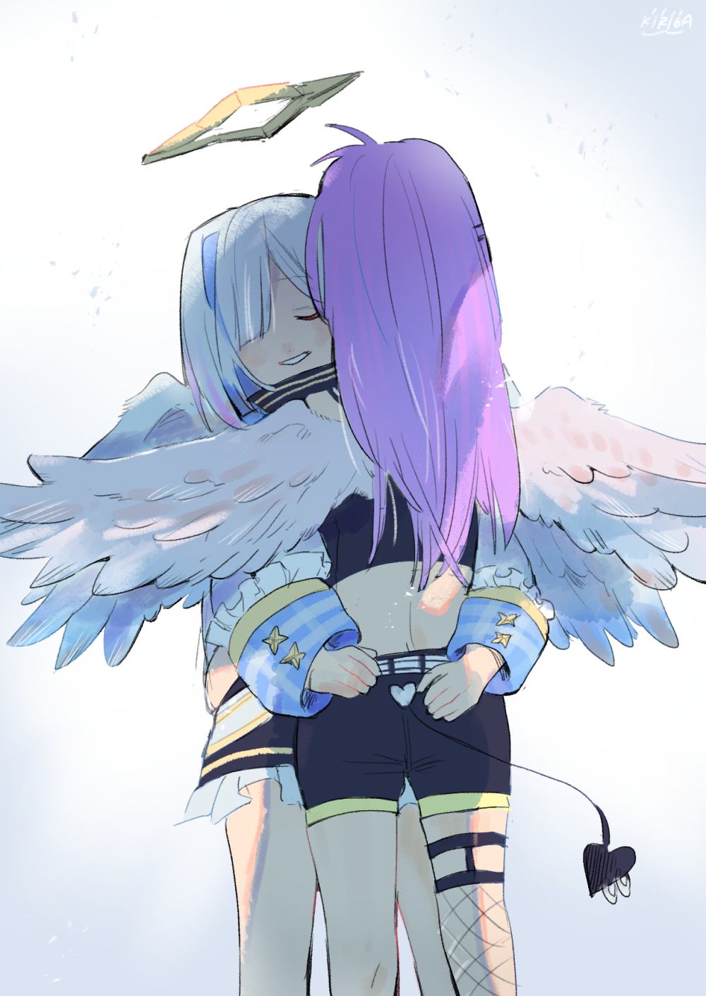 amane_kanata, angel, angel_wings, blue_hair, colored_inner_hair, demon_girl, feathered_wings, fishnet_legwear