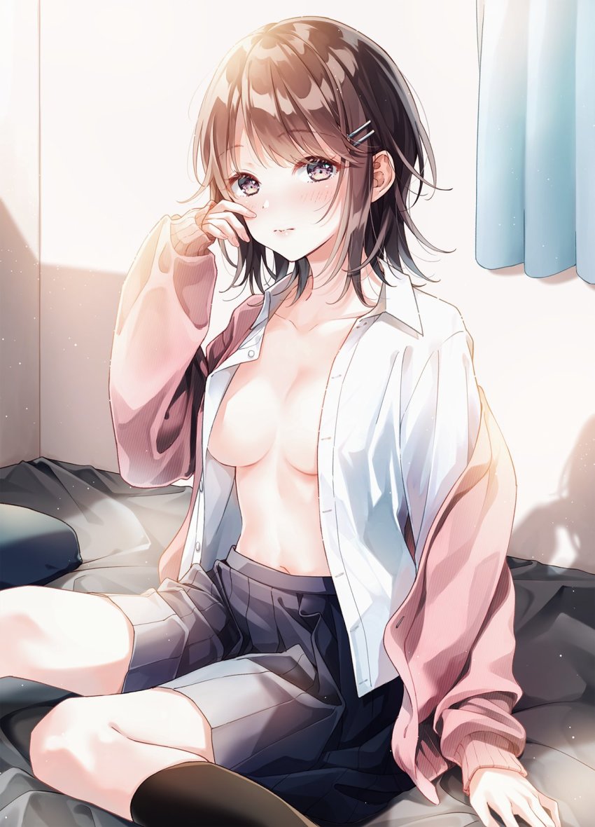 1girl, black_hair, black_socks, blue_skirt, blush, breasts, brown_eyes, cleavage