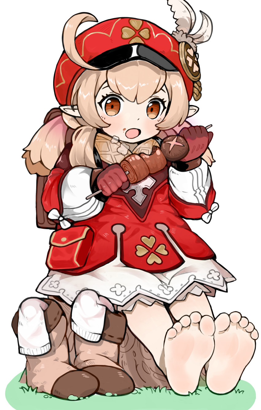 1girl, absurdres, ahoge, backpack, bag, barefoot, bloomers, boots, brown_boots, brown_eyes, brown_gloves, brown_scarf, newsboy_cap, chicken-mushroom_skewer_(genshin_impact), clover_print, coat, commentary_request, eating, feet, food, food_on_face, genshin_impact, gloves, hair_between_eyes, hat, hat_feather, hat_ornament, highres, holding, holding_skewer, klee_(genshin_impact), knee_boots, kneehighs, light_brown_hair, long_hair, long_sleeves, looking_at_viewer, low_twintails, menthako, pocket, pointy_ears, randoseru, red_coat, red_hat, scarf, sidelocks, simple_background, sitting, skewer, socks, soles, solo, twintails, underwear, unworn_boots, unworn_legwear, white_background