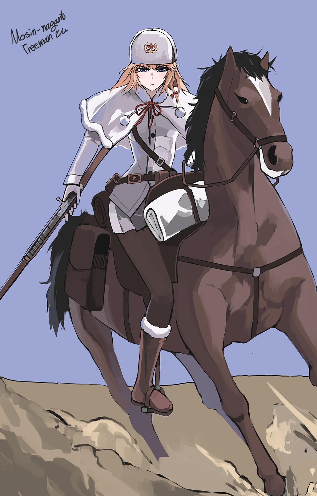 1girl, ammunition_belt, artist_name, belt, black_pantyhose, blonde_hair, blue_eyes, bolt_action