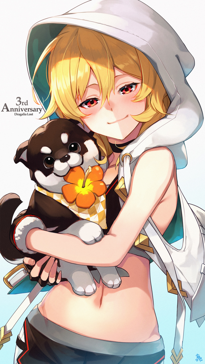 1girl, alex_(dragalia_lost), animal, anniversary, baby_animal, bare_arms, bare_shoulders, black_choker, black_gloves, blonde_hair, blush, choker, closed_mouth, copyright_name, cowboy_shot, dog, dragalia_lost, flower, gloves, gradient_background, hair_between_eyes, hibiscus, highres, holding, holding_animal, holding_dog, hood, hood_up, hooded_vest, hoodie, long_hair, looking_at_viewer, mouth_hold, nakabayashi_zun, navel, orange_flower, puppy, red_eyes, signature, sleeveless, smile, solo, vest, white_background, white_vest