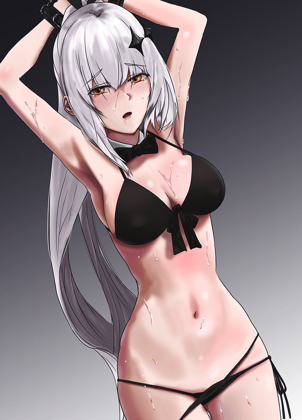 1girl, armpits, bikini, black_bikini, black_bow, black_bra, black_panties, blush