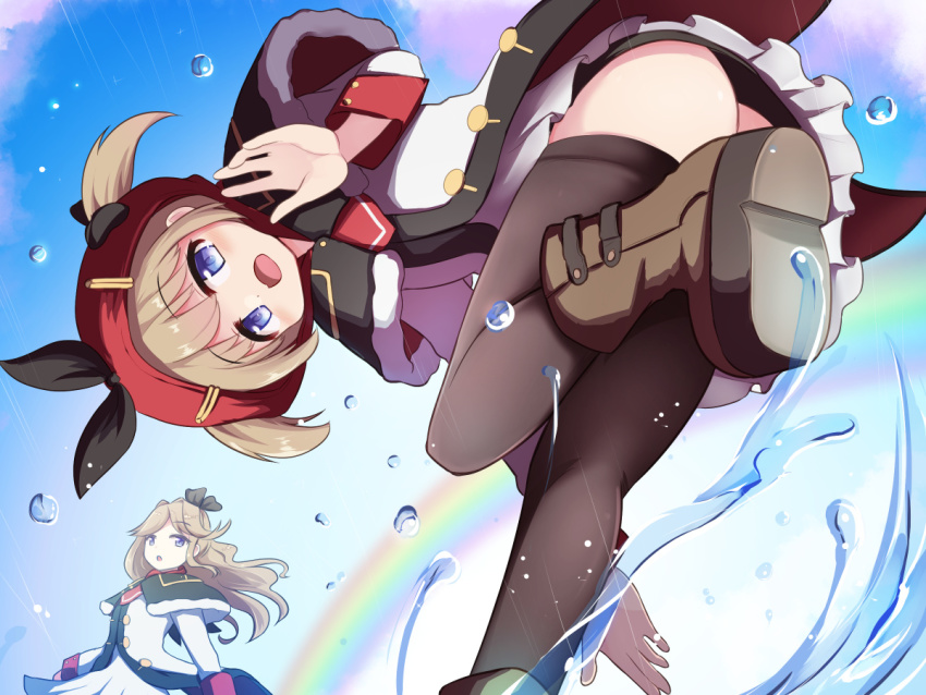 2girls, :o, ass, azur_lane, bent_over, black_capelet, black_legwear, black_ribbon