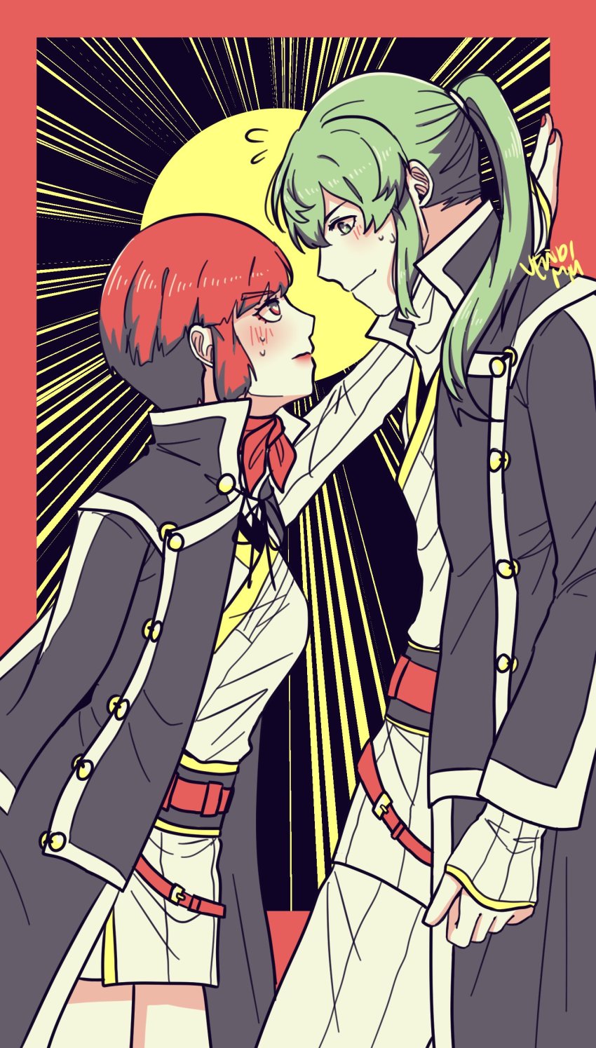 1boy, 1girl, absurdres, belt, black_hair, blunt_bangs, blush, brown_eyes