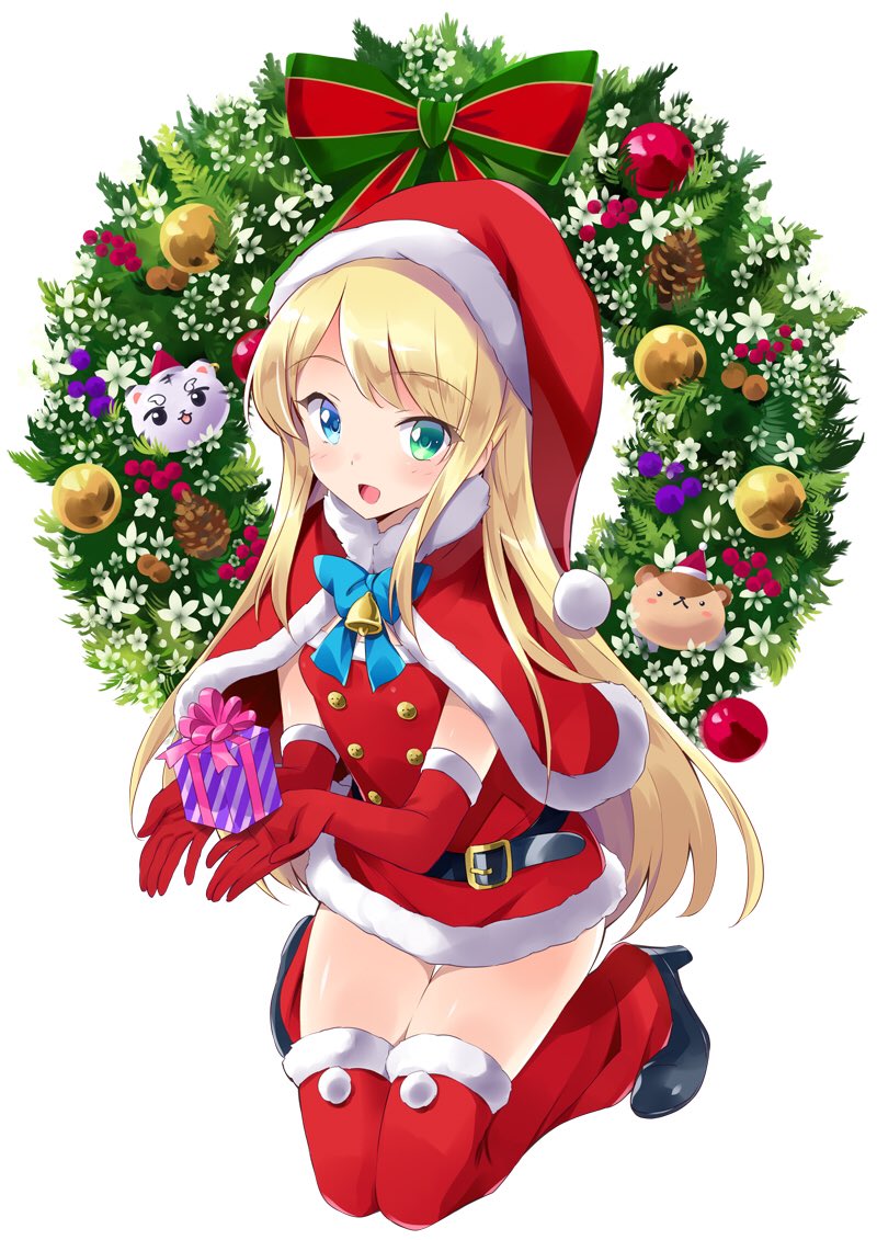 1girl, blonde_hair, blue_eyes, blush, box, cape, christmas, christmas_tree