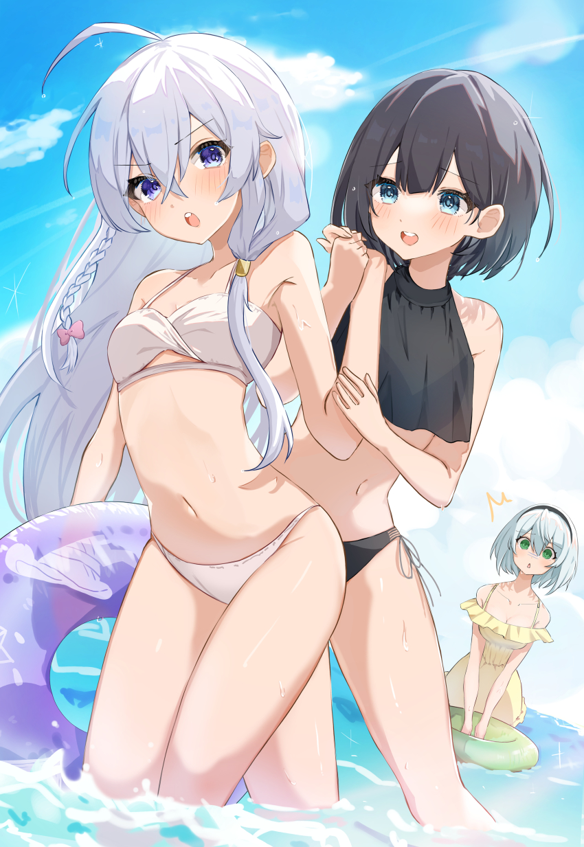 3girls, absurdres, amefukura_art, amnesia_(majo_no_tabitabi), aqua_eyes, bikini, black_bikini, black_hair, blue_eyes, blue_sky, blunt_bangs, braid, breasts, cleavage, cloud, collarbone, commission, crossed_bangs, day, dress, elaina_(majo_no_tabitabi), green_eyes, hair_between_eyes, hair_ribbon, hairband, highres, innertube, long_hair, majo_no_tabitabi, multiple_girls, navel, ocean, open_mouth, outdoors, ribbon, saya_(majo_no_tabitabi), short_hair, silver_hair, skeb_commission, sky, small_breasts, standing, sundress, swim_ring, swimsuit, teeth, thighs, upper_teeth_only, v-shaped_eyebrows, wading, wet, white_bikini, yellow_dress, yuri