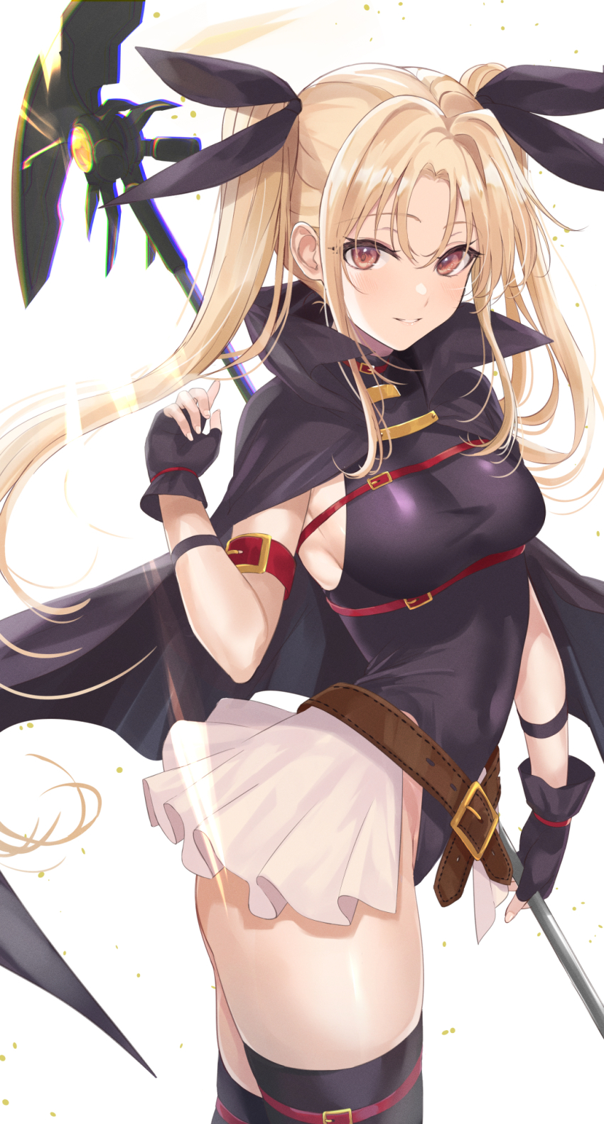 1girl, bardiche_(axe_form)_(nanoha), bardiche_(nanoha), belt, belt_buckle, black_cape, black_gloves, black_leotard, black_thighhighs, blonde_hair, breasts, buckle, cape, commentary, covered_navel, fate_testarossa, fate_testarossa_(original_form), fingerless_gloves, from_side, gloves, hand_up, highres, holding, holding_staff, leotard, long_hair, looking_at_viewer, looking_to_the_side, lyrical_nanoha, mahou_shoujo_lyrical_nanoha, medium_breasts, mexif, miniskirt, parted_bangs, parted_lips, red_eyes, showgirl_skirt, sidelocks, simple_background, skirt, smile, solo, staff, thighhighs, thighs, twintails, white_background, white_skirt