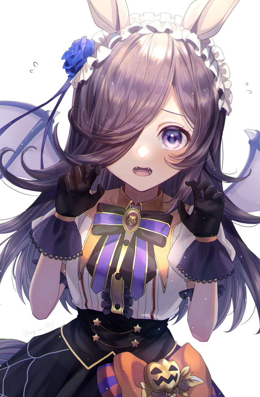 1girl, absurdres, animal_ears, black_gloves, black_skirt, blush, brown_hair, buttons