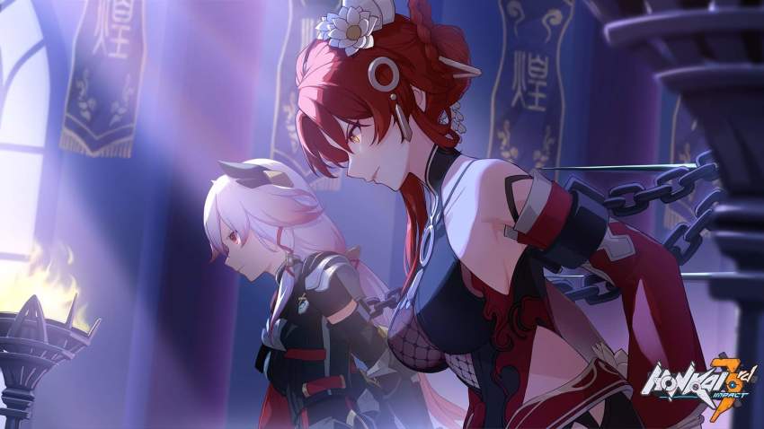 2girls, artist_request, bare_shoulders, breasts, chain, chained, china_dress, chinese_clothes, cleavage, closed_mouth, dress, flower, fu_hua, fu_hua_(fire_and_sword), fu_hua_(phoenix), hair_between_eyes, hair_flower, hair_ornament, highres, honkai_(series), honkai_impact_3rd, indoors, long_hair, multiple_girls, murata_himeko, murata_himeko_(rouged_mayumi), murata_himeko_(vermillion_knight), official_art, red_eyes, red_hair, red_sleeves, sleeveless, sleeveless_dress, v-shaped_eyebrows, white_flower, white_hair, yellow_eyes