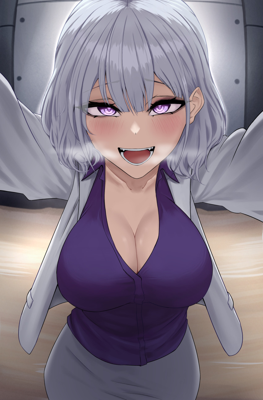 1girl, absurdres, breasts, business_suit, cleavage, collarbone, formal_clothes, girls'_frontline, grey_suit, highres, kabedon, large_breasts, looking_at_viewer, pov, purple_eyes, purple_shirt, rossam, rpk-16_(girls'_frontline), rpk-16_(renate)_(girls'_frontline), shirt, short_hair, silver_hair, solo, suit