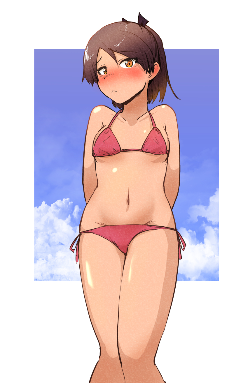 1girl, absurdres, arms_behind_back, bikini, blush, breasts, brown_eyes, brown_hair