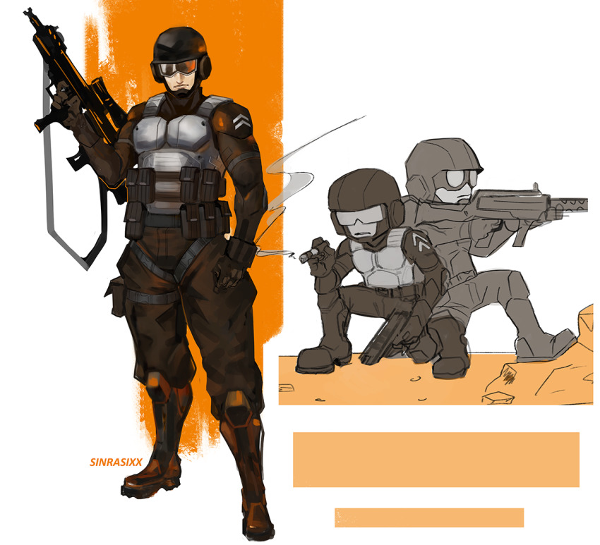 3boys, armor, assault_rifle, boots, cigar, combat_boots, commentary, english_commentary, full_body, gun, handgun, helmet, john_captain, military, multiple_boys, newgrounds, outdoors, pistol, rifle, sinrasixx, standing, steve_(tankmen), tankman_(newgrounds), tankmen, weapon