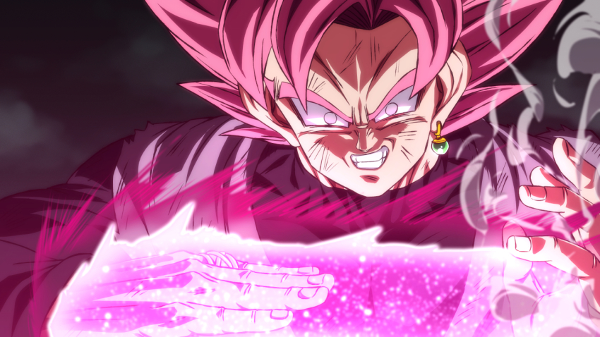 1boy, battle_damage, crazy_grin, dragon_ball, dragon_ball_super, earrings, energy_sword, goku_black