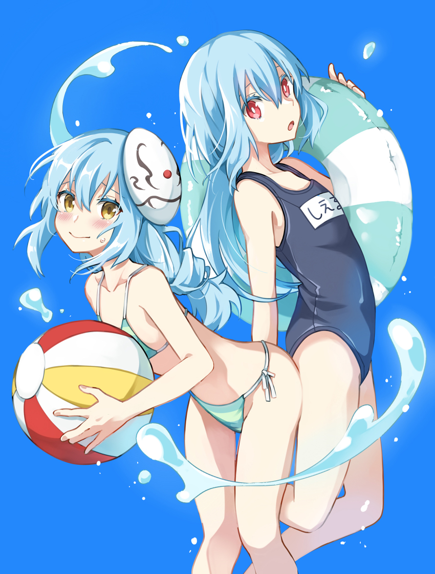 2others, androgynous, beach, bikini, blue_background, blue_hair, blue_one-piece_swimsuit, blush, ciel_(tensura), closed_mouth, commentary_request, hair_between_eyes, highres, innertube, long_hair, looking_at_viewer, mask, mask_on_head, multicolored_bikini, multicolored_swimsuit, multiple_others, one-piece_swimsuit, open_mouth, red_eyes, rimuru_tempest, school_swimsuit, shoura, simple_background, smile, striped_bikini, striped_clothes, striped_innertube, swim_ring, swimsuit, tensei_shitara_slime_datta_ken, yellow_eyes