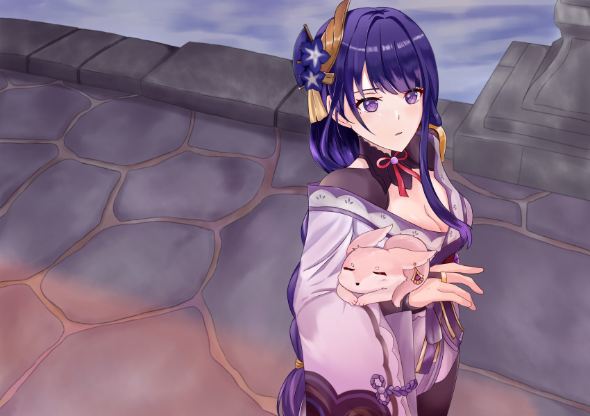 1girl, animal, breasts, cleavage, commentary_request, earrings, flower, genshin_impact, hair_flower, hair_ornament, highres, japanese_clothes, jewelry, kimono, long_hair, long_sleeves, looking_at_viewer, medium_breasts, open_clothes, open_kimono, purple_eyes, purple_hair, raiden_shogun, ring, rukialice, sidelocks, stone_floor, upper_body, wide_sleeves, yae_miko