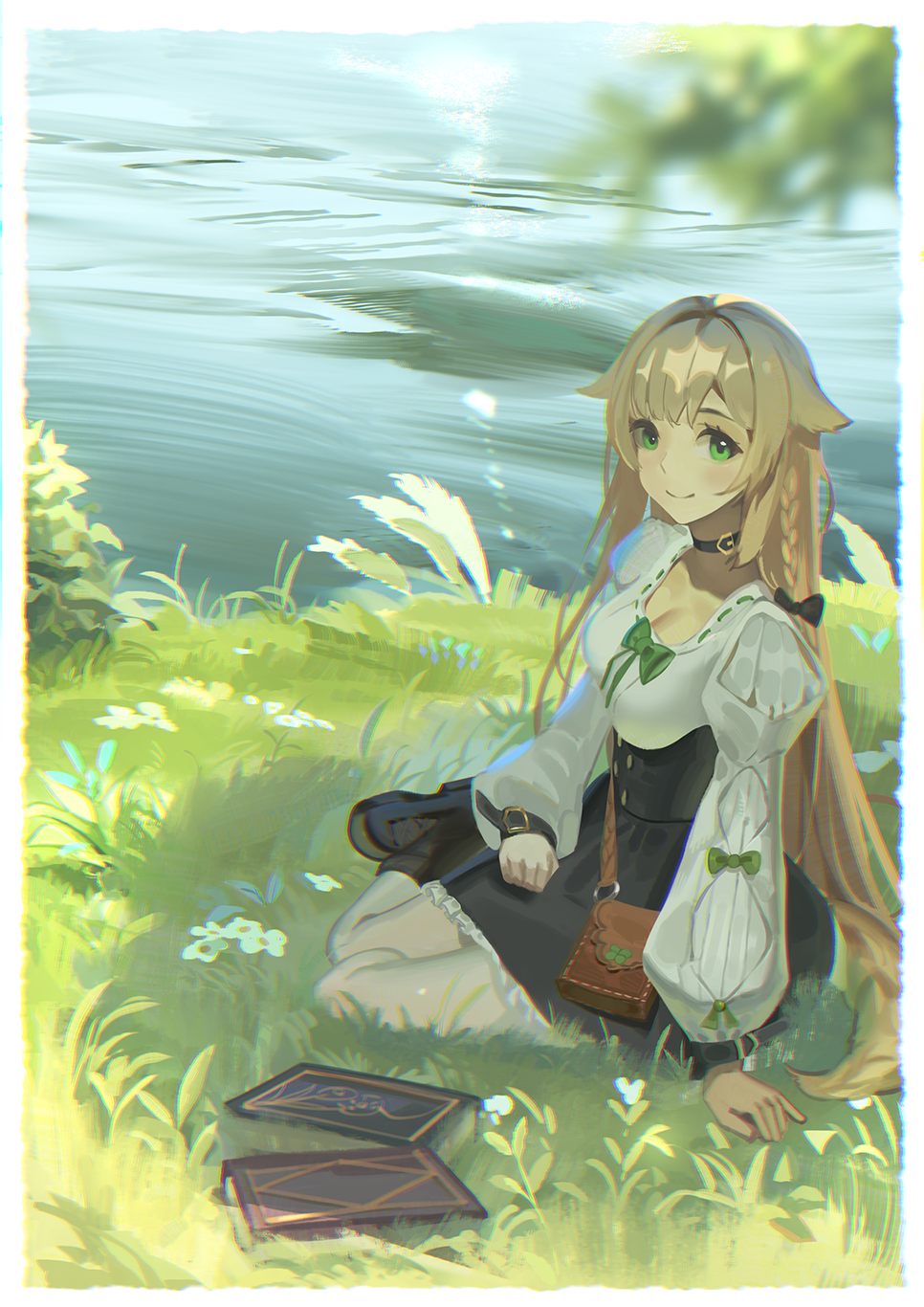 1girl, black_boots, black_choker, black_skirt, blonde_hair, boots, bow, braid, breasts, choker, cleavage, closed_mouth, commentary, commission, da_(datako), english_commentary, full_body, grass, green_bow, green_eyes, high-waist_skirt, highres, indie_virtual_youtuber, lake, long_hair, long_sleeves, looking_at_viewer, medium_breasts, outdoors, pantyhose, puffy_long_sleeves, puffy_sleeves, scenery, shade, sidelocks, sitting, skirt, smile, solo, sophiel_paka, tree_shade, very_long_hair, virtual_youtuber, water, white_pantyhose, yokozuwari