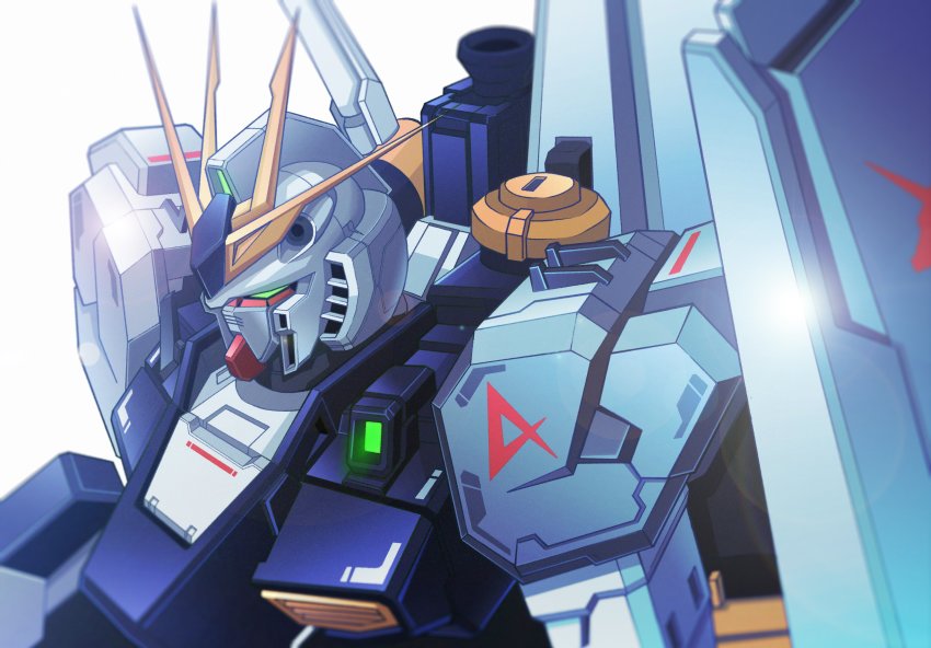 absurdres, char's_counterattack, fin_funnels, from_above, green_eyes, gundam, highres, looking_ahead, mecha, mobile_suit, no_humans, nu_gundam, portrait, robot, science_fiction, shield, solo, sunflower_(tomodog422), v-fin