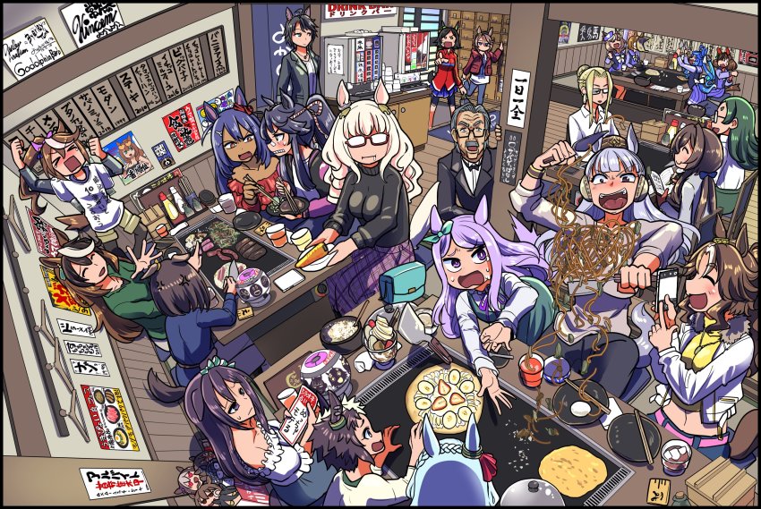 >_<, 1boy, 6+girls, :d, ^_^, agnes_tachyon_(umamusume), air_groove_(casual)_(umamusume), air_groove_(umamusume), anger_vein, animal_ears, back, bag, banana, banana_slice, bandaid, bandaid_on_face, bandaid_on_nose, bare_shoulders, belt, biwa_hayahide_(umamusume), black_hair, blonde_hair, blue_hair, blush, bow, bowl, bowtie, braid, breasts, brown_hair, cellphone, character_doll, character_request, chopsticks, closed_eyes, clothes_hanger, crepe, cup, dark-skinned_female, dark_skin, doll, drinking_glass, drooling, earrings, el_condor_pasa_(umamusume), facial_hair, food, fruit, fuji_kiseki_(casual)_(umamusume), fuji_kiseki_(umamusume), glasses, gold_ship_(umamusume), green_hair, grey_hair, hair_ornament, hairclip, handbag, hat, highres, hishi_amazon_(umamusume), horse_ears, horse_girl, horse_tail, ikuno_dictus_(umamusume), jacket, jewelry, long_hair, manhattan_cafe_(umamusume), maruzensky_(umamusume), matikanetannhauser_(umamusume), medium_hair, mejiro_ardan_(umamusume), mejiro_dober_(umamusume), mejiro_family_butler, mejiro_mcqueen_(casual)_(umamusume), mejiro_mcqueen_(umamusume), mejiro_palmer_(umamusume), mejiro_ryan_(umamusume), midriff, multicolored_hair, multiple_girls, mustache, narita_brian_(umamusume), narita_taishin_(umamusume), navel, necklace, nice_nature_(umamusume), noodles, official_alternate_costume, open_mouth, otonashi_etsuko, parfait, phone, pink_hair, plate, pleated_skirt, pointing, ponytail, poster_(object), purple_eyes, purple_hair, sakazaki_freddy, school_uniform, short_hair, sitting, skirt, smartphone, smile, spatula, special_week_(umamusume), strawberry, strawberry_slice, sweatdrop, sweater, symboli_rudolf_(casual)_(umamusume), symboli_rudolf_(umamusume), tail, tears, teeth, tokai_teio_(umamusume), tongue, twin_turbo_(umamusume), two-tone_hair, umamusume, umamusume_horse_relations, white_hair, winning_ticket_(umamusume), yakisoba, zenno_rob_roy_(umamusume)