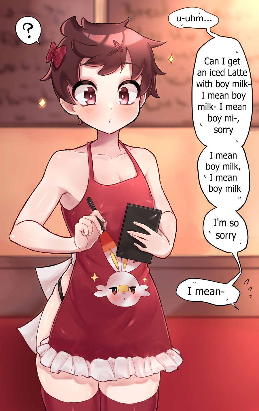 1boy, ?, apron, bad_id, bad_pixiv_id, blush, brown_hair, commentary, english_commentary, english_text, flying_sweatdrops, hair_ornament, hair_ribbon, hairclip, highres, holding, holding_pen, iced_latte_with_breast_milk_(meme), meme, moo_(moo_8986), nintendo, pen, pokemon, pokemon_sword_and_shield, ribbon, short_hair, solo, speech_bubble, spoken_question_mark, trap, victor_(pokemon)