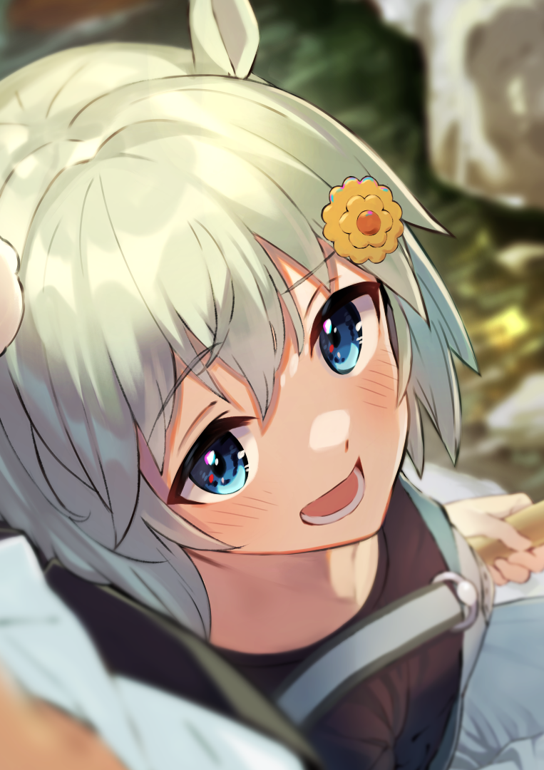 1girl, animal_ears, black_shirt, blue_eyes, blurry, blurry_background, blush, commentary_request