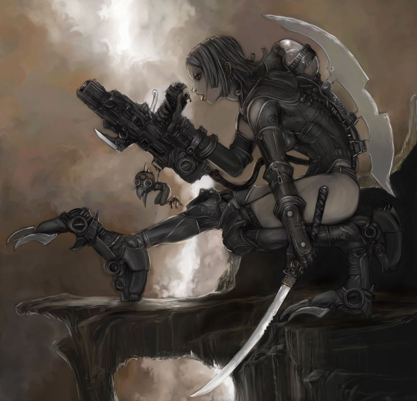 blade, brown_eyes, cliff, gun, highres, mecha_musume, naoki_(naoieo), original