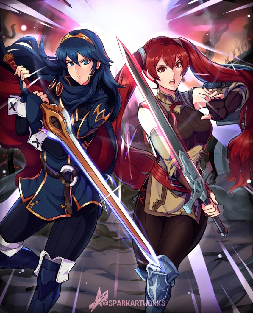 2girls, armor, blue_eyes, blue_hair, blue_legwear, boots, brown_legwear, falchion_(fire_emblem), fingerless_gloves, fire_emblem, fire_emblem_awakening, gloves, greaves, highres, knee_boots, leather_armor, long_hair, looking_at_viewer, lucina_(fire_emblem), multiple_girls, nintendo, red_eyes, red_hair, severa_(fire_emblem), sparkartworks, sword, twintails, weapon