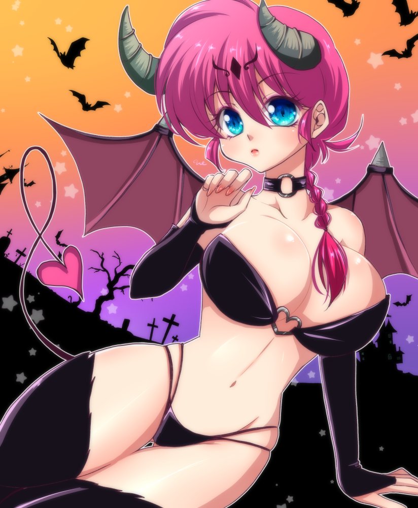 1girl, bikini, blue_eyes, braid, braided_ponytail, breasts, bridal_gauntlets, choker