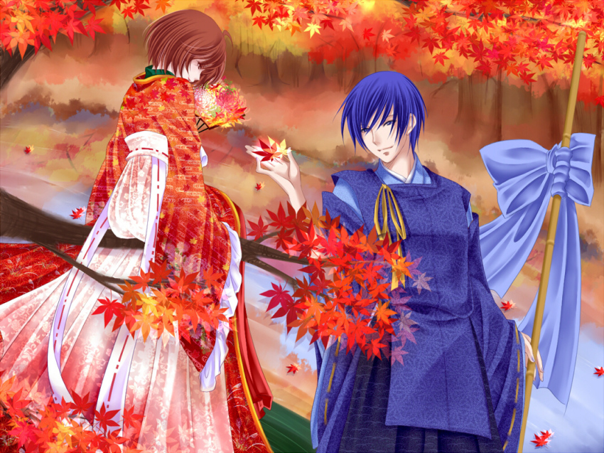 1boy, 1girl, autumn_leaves, blue_eyes, blue_hair, brown_eyes, brown_hair, couple