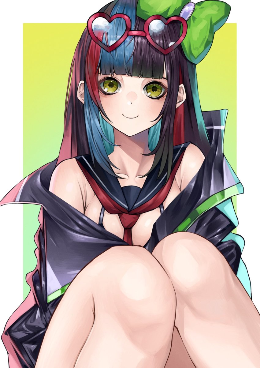 1girl, bare_shoulders, bikini, bikini_top_only, black_bikini, black_coat, black_hair, blue_hair