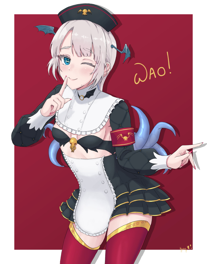 1girl, absurdres, black_bra, black_hat, black_skirt, blue_eyes, bra, breast_cutouts, breasts, breasts_out, hat, head_wings, high-waist_skirt, highres, indie_virtual_youtuber, kuon_bb, long_sleeves, looking_at_viewer, medium_breasts, pochimaru_(vtuber), pochimaru_(3rd_costume)_(vtuber), red_thighhighs, shrug_(clothing), silver_hair, skirt, smile, solo, tentacle_hair, tentacles, thighhighs, underwear, virtual_youtuber, wings