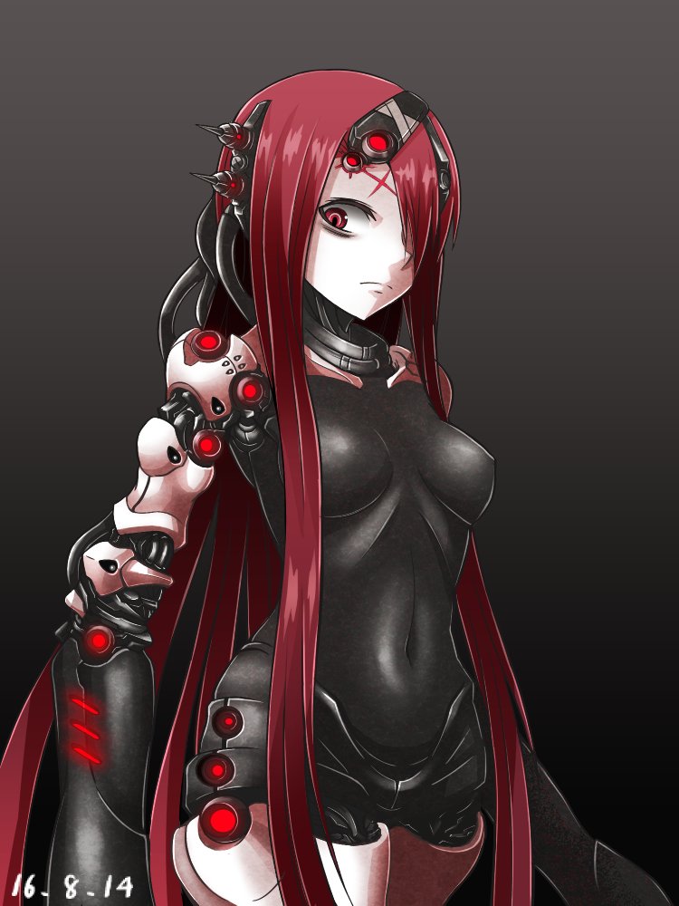 1girl, android, arm_cannon, blame!, breasts, hair_over_one_eye, halulu, joints, long_hair, looking_at_viewer, maeve_(blame!), medium_breasts, navel, red_eyes, red_hair, robot_joints, simple_background, solo, standing, weapon